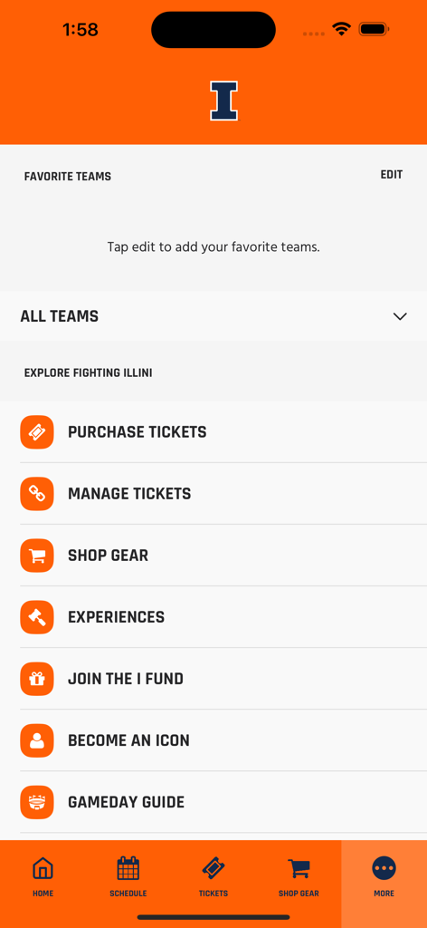 Fighting Illini - The more options screen of the Fighting Illini mobile app with links for tickets and team gear