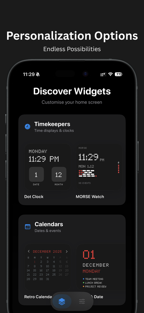 Void Widgets - Retro & Minimal - Uma coleção de widgets iOS retrô e minimalistas, apresentando relógios de matriz de pontos e calendários em pixel art em uma interface de modo escuro.