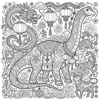 Unleash your creativity with this unique coloring page, blending the majesty of a Diplodocus with the vibrant traditions of Lunar New Year. Adorned with intricate Asian patterns and surrounded by festive dragons and zodiac animals, it promises a rich and engaging coloring experience.