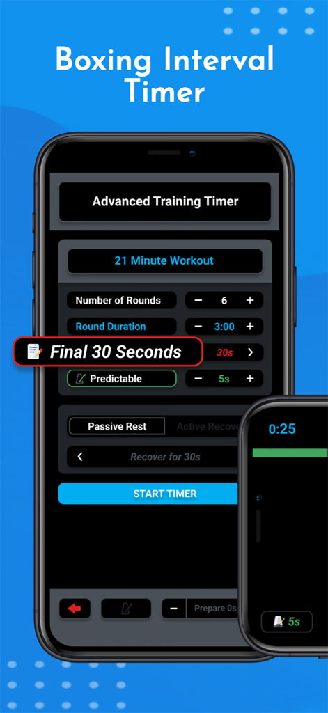 Mobile interface showing the advanced boxing interval timer with customizable rounds and workout duration.