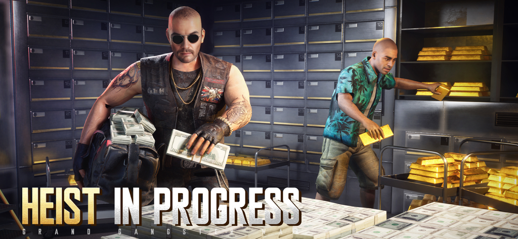 Grand Gangster War - Two gangsters looting gold bars and stacks of money in a bank vault during a heist