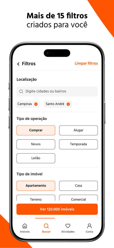 Erweiterte Suchfilter-Oberfläche in der Imovelweb-Immobilien-App mit Optionen für Standort, Operationstyp und Immobilienkategorie.