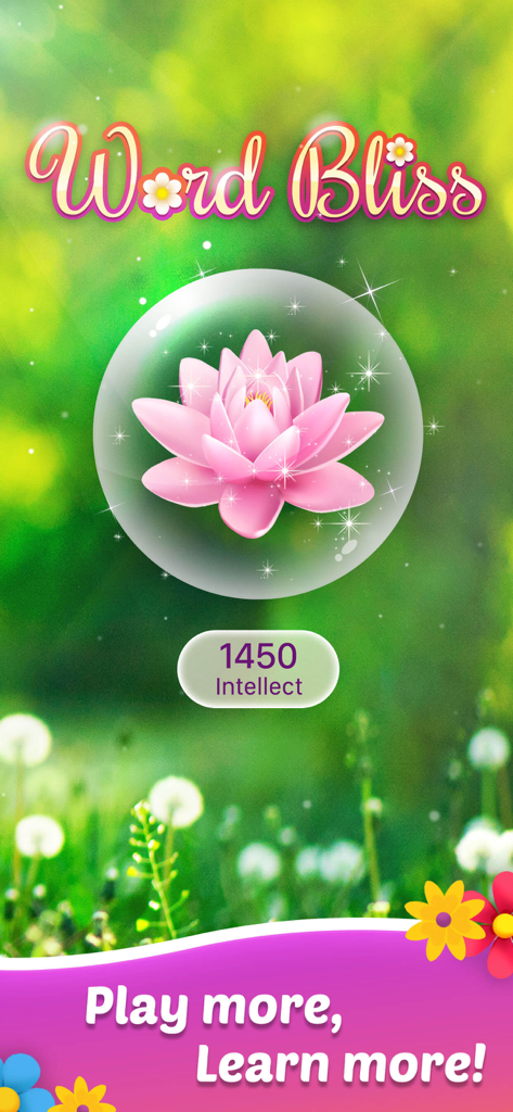 Word Bliss - from PlaySimple - Word Bliss mobile game splash screen featuring a pink lotus flower and the slogan Play more Learn more