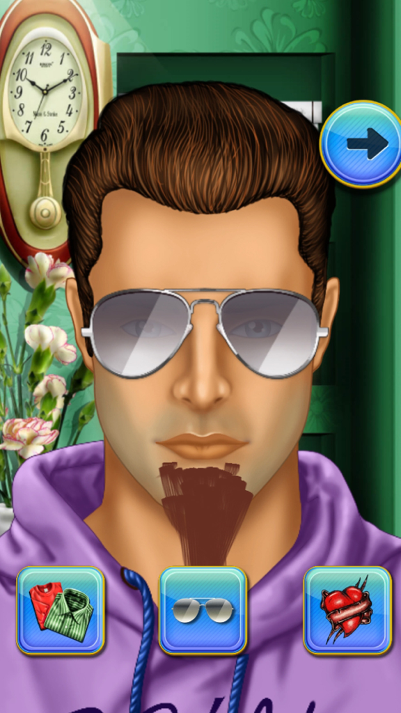 Cambio de imagen de personaje con perilla y gafas de sol en el juego Barber Shop Beard and Mustache