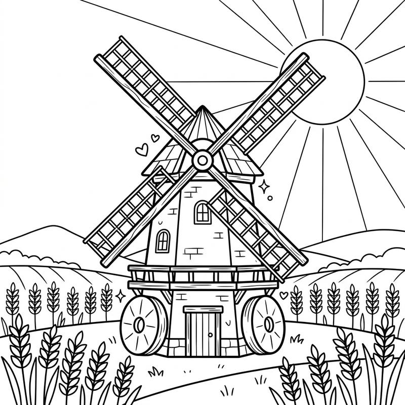 Spin into a world of creativity with this adorable grain windmill coloring page, specially designed for young artists. Kids aged 4-8 will love bringing this charming rural scene to life with their favorite colors.