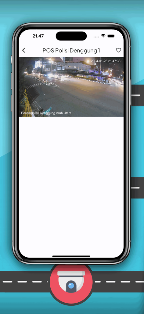A mobile screenshot showing a live traffic camera feed of an intersection in Indonesia labeled POS Polisi Denggung 1.