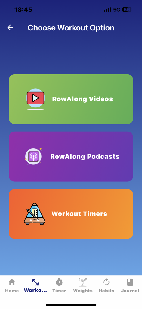 The RowAlong App - Workout options menu in The RowAlong App featuring videos podcasts and timers