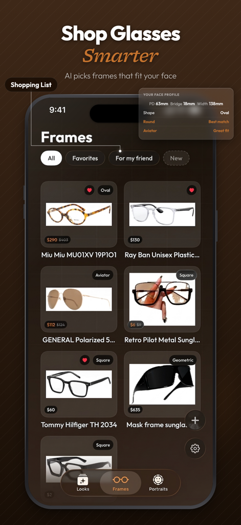 Frame — Find you glasses - Oberfläche der Frame App, die eine Auswahl an Brillen und KI-Gesichtsprofilmessungen für personalisierte Empfehlungen zeigt.