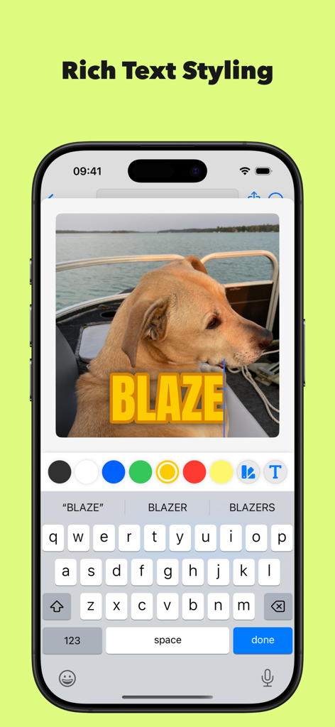 TierCreator app interface showing how to add and style yellow text over a photo of a dog.