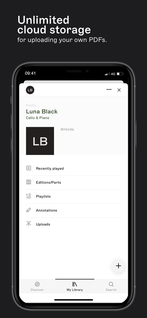 Profile screen of the nkoda sheet music app displaying personal library options and cloud storage for user PDFs.