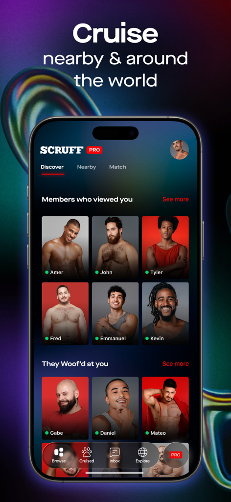 SCRUFF mobile app interface showing a grid of male profiles and social features