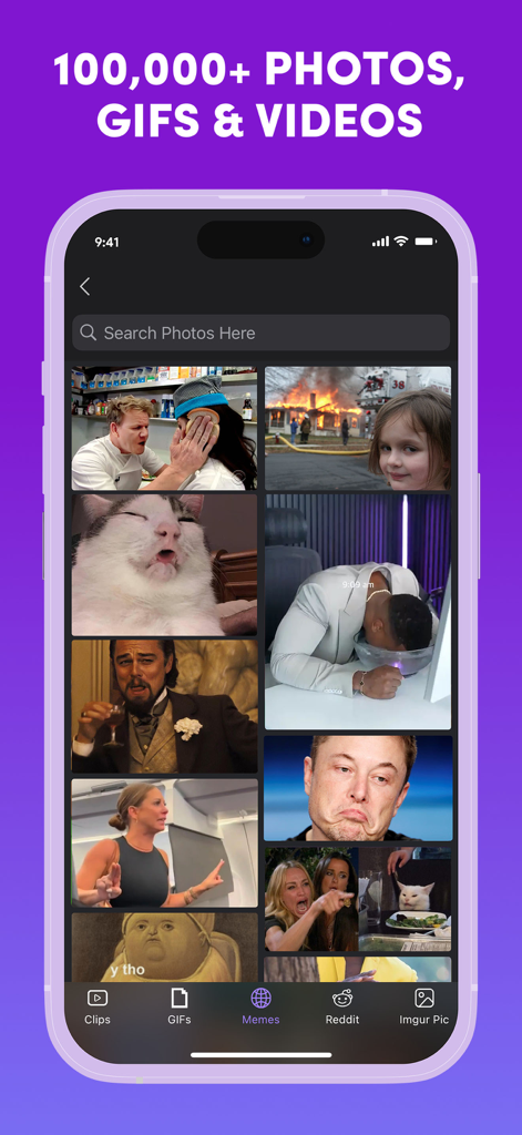 Memes.com Meme Maker Generator - Oberfläche der Memes.com-App mit einer durchsuchbaren Bibliothek beliebter Meme-Vorlagen, einschließlich Fotos, GIFs und Videos.