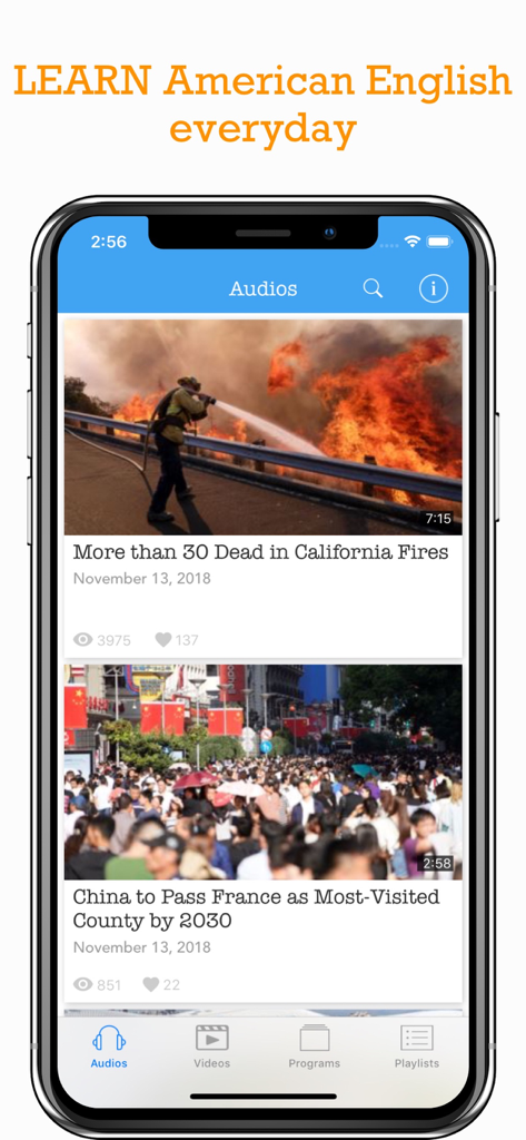 Learn American English Podcast - Mobile app interface showing a list of news-based audio lessons for English learners