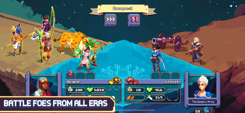 Écran de bataille de Cosmos Quest montrant des héros de différentes périodes combattre en mode conquête