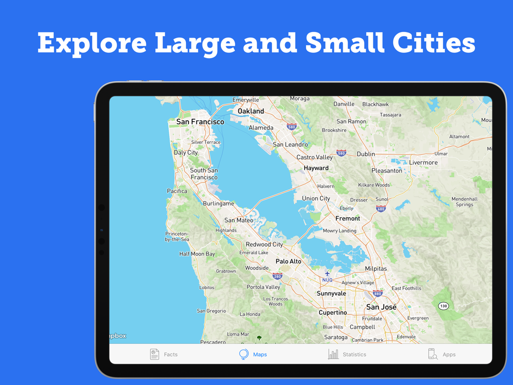Atlas Pro: Maps & Facts - Pantalla de iPad que muestra un mapa detallado de San Francisco y ciudades circundantes en la aplicación Atlas Pro