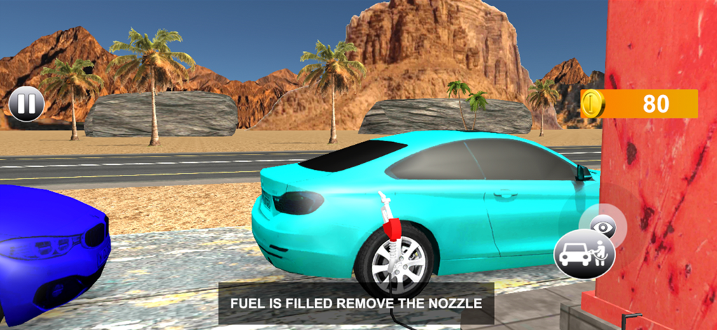 Fuel Gas Station Simulator 25 - Ein blauer Sportwagen tankt an einer Wüstentankstelle