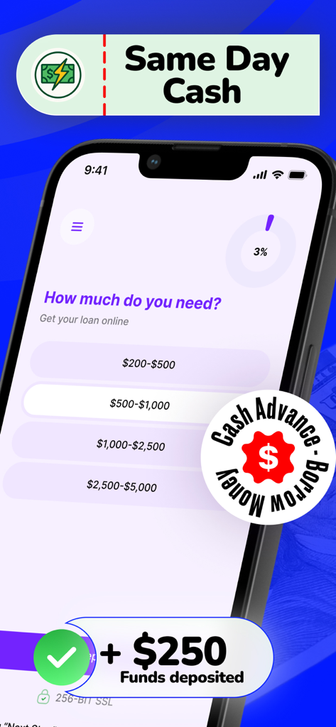 Smartphone-Bildschirm, der die Cash Advance Now App mit Optionen für Kreditbeträge und einer Nachricht über Bargeld am selben Tag anzeigt