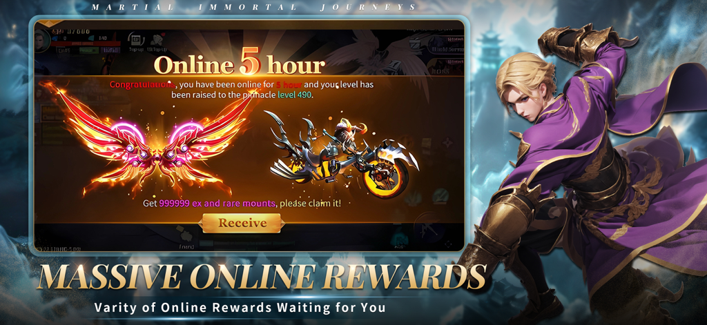 Martial lmmortal Journeys - A promotional screen for Martial Immortal Journeys showing massive online rewards including fiery wings and a rare motorcycle mount.