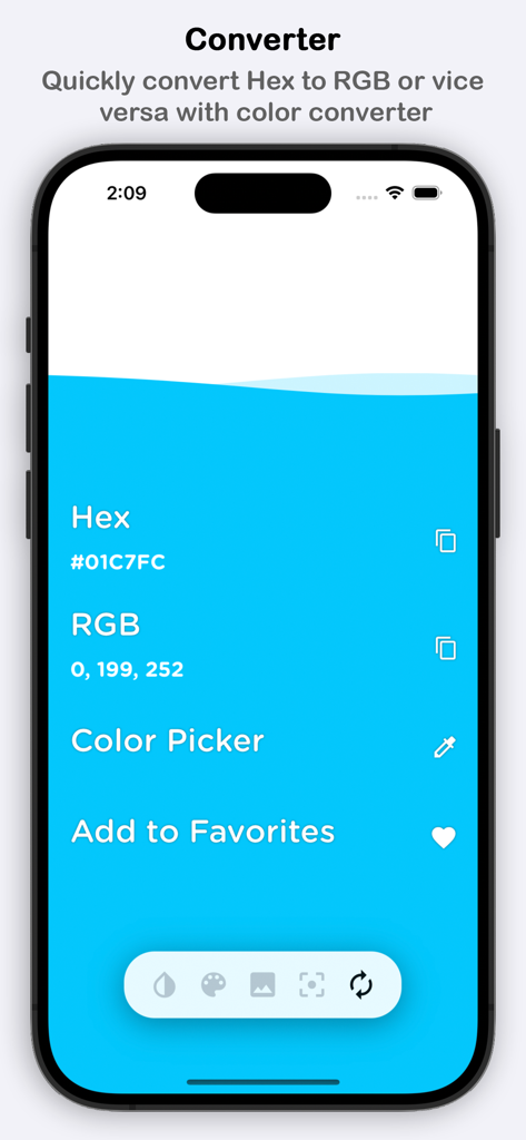 Mobile app interface displaying Hex and RGB color conversion values for a light blue shade