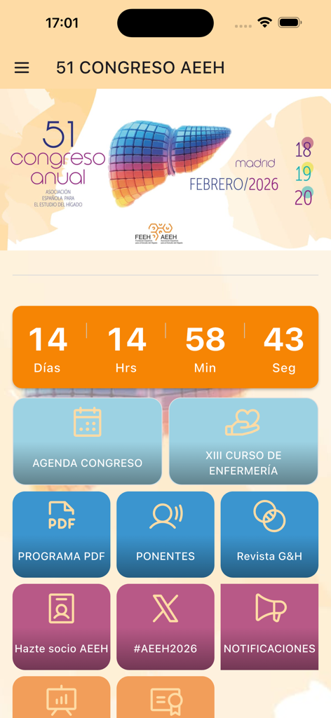 第51回AEEH年次会議アプリのダッシュボード。カウントダウンタイマーとナビゲーションメニューが表示されています。