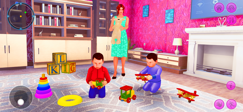 Babysitter Simulator 3D - A nanny watching over two toddlers playing with toys in Babysitter Simulator 3D