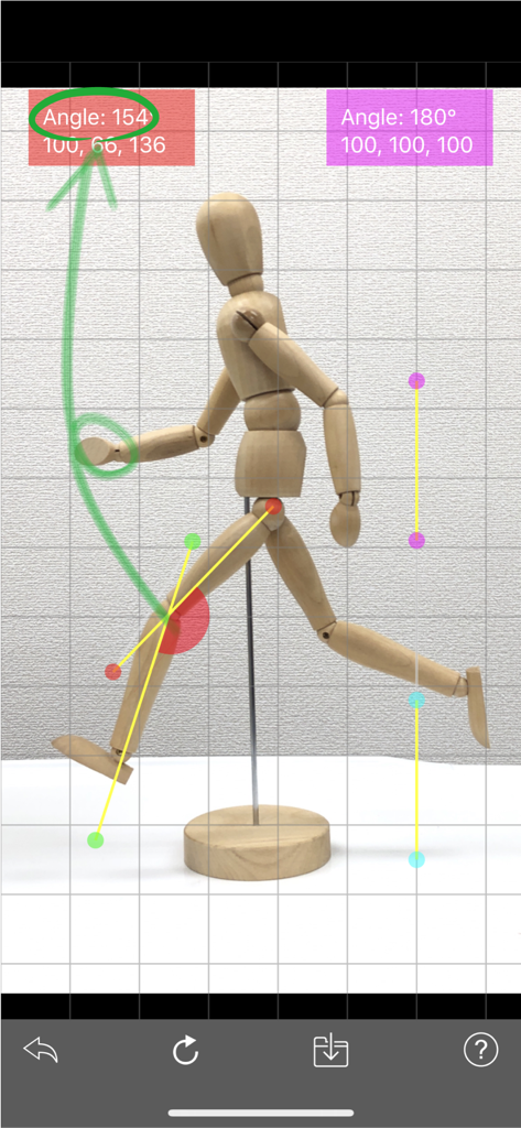 Angle & Ratio - Usando la aplicación Angle and Ratio para medir el ángulo de la articulación de un maniquí de madera en pose de carrera.