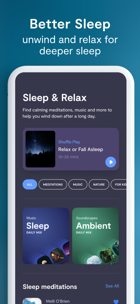 Una pantalla de teléfono inteligente que muestra la sección de Dormir y Relajarse de la aplicación Mindfulness con meditaciones para dormir y paisajes sonoros ambientales
