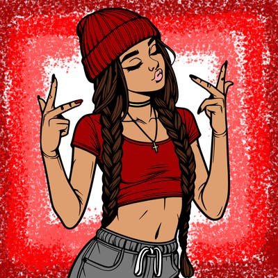 realistic teenage girl with braids and a beanie and crop top doing 🫶🏼
