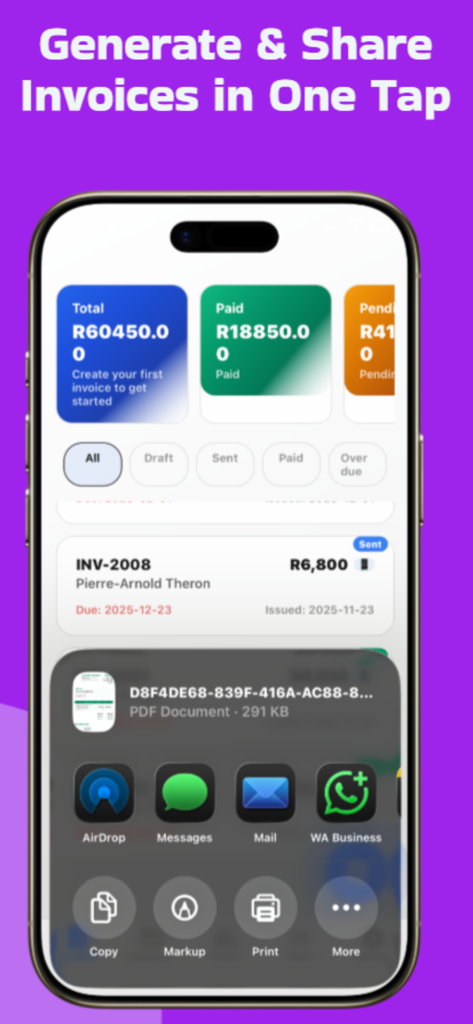 Interface do aplicativo InvoiceFlowie mostrando um painel de faturas e o menu de compartilhamento do iOS para documentos PDF profissionais