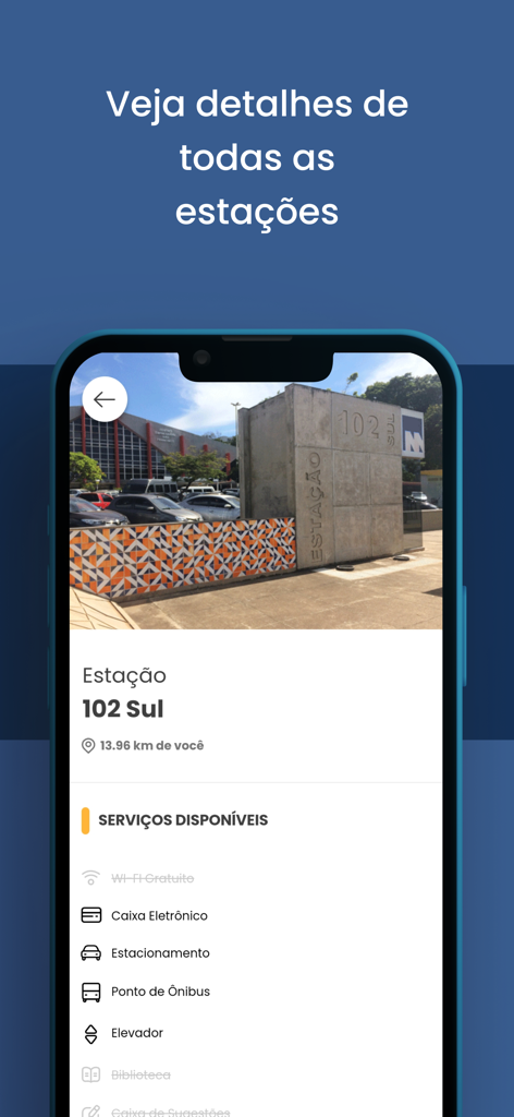 Metrô DF - Screenshot of the Metrô DF app showing available services and details for the 102 Sul station in Brasília