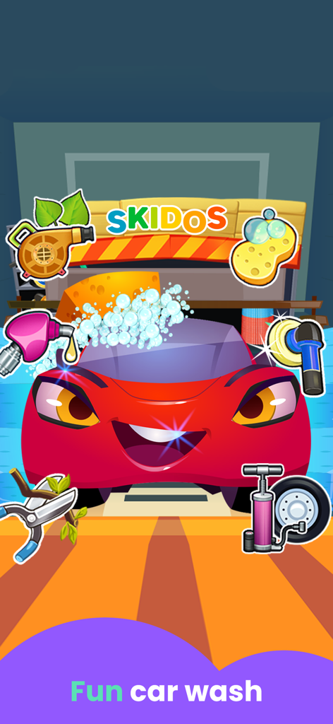 A smiling red cartoon car surrounded by car wash and repair tools in a kids educational game