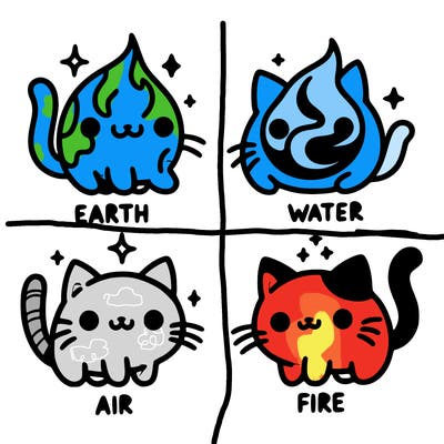 4 cats that represent the different elements, earth, water, air, and fire