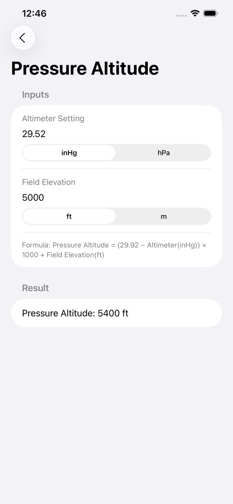 Pressure altitude calculator interface in the Flight Computer app