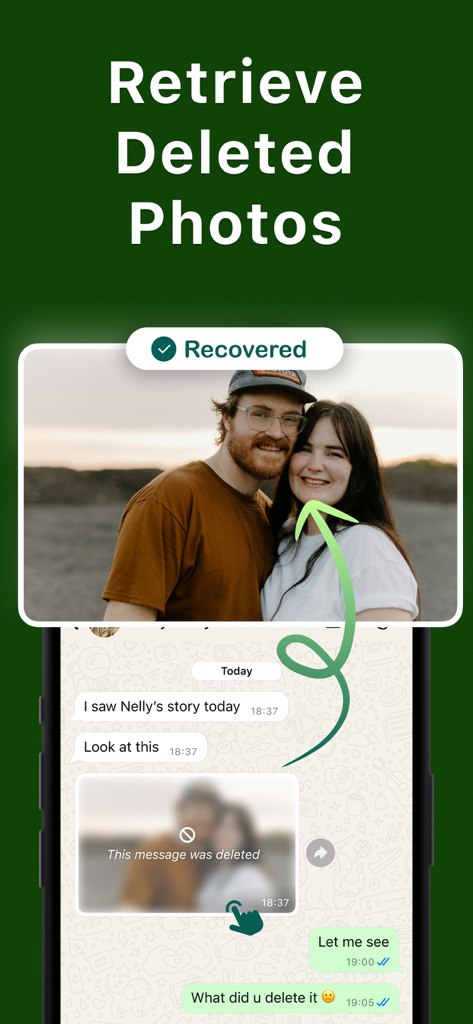 Recover Deleted Messages: WARB - 메시지 채팅에서 삭제된 사진을 검색하는 방법을 보여주는 앱 화면