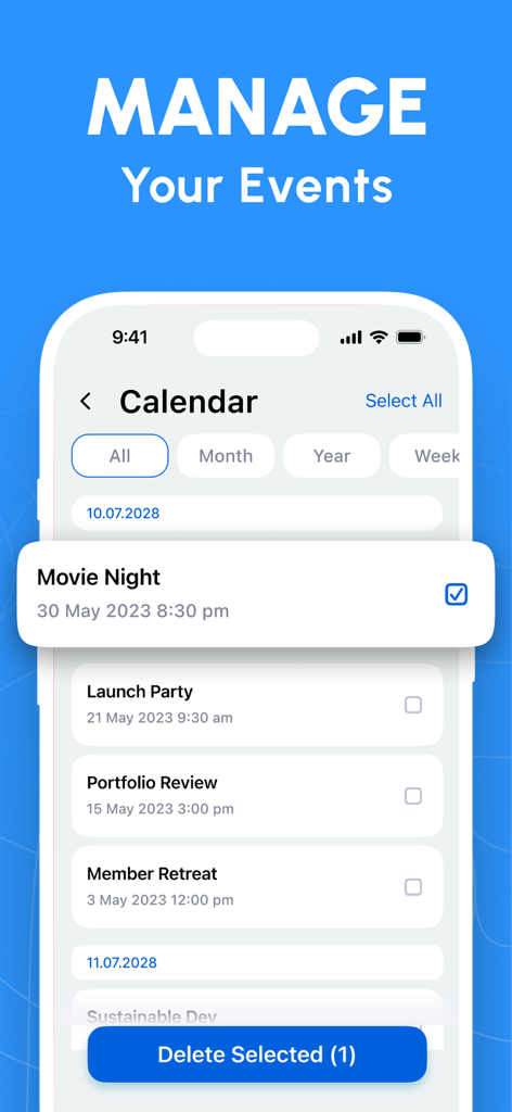 Cleanup - Storage Cleaner AI - Interface of Cleanup app showing the option to select and delete old calendar events to free up device storage