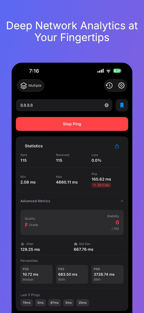 Ping Network Tools-App-Oberfläche mit tiefgehenden Netzwerkanalysen, einschließlich Latenzstatistiken, Jitter und p99-Perzentilen