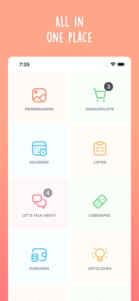 Happy Love - The couple app - Dashboard of the Happy Love couple app showing a main menu with icons for shared features like a shopping list calendar and reminders