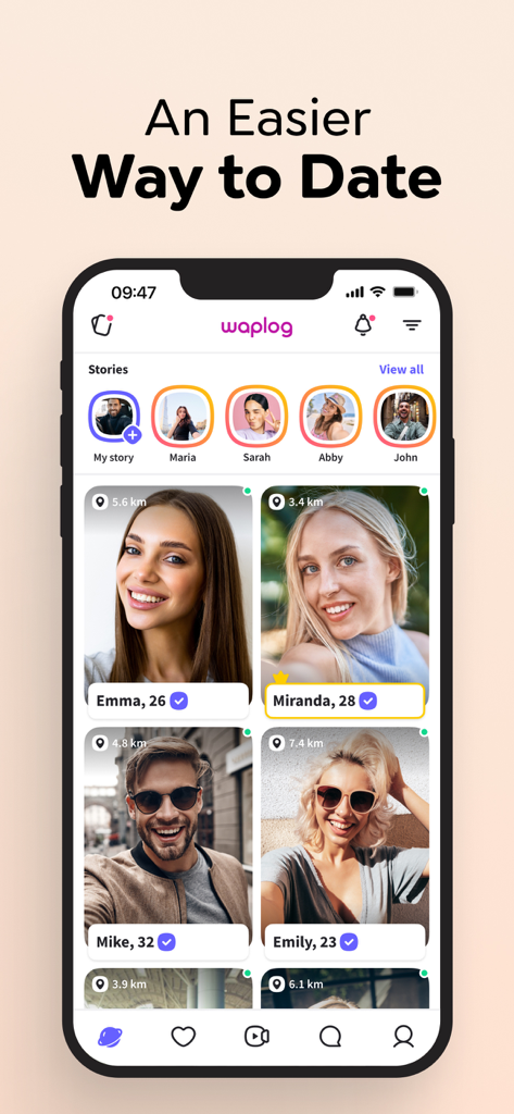 Waplog dating app interface showing user profiles and video stories for social discovery.