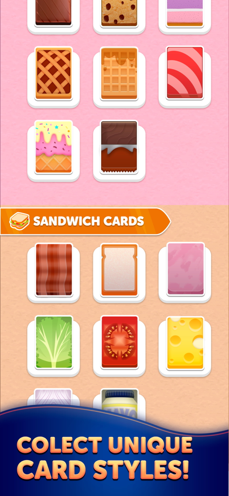 Un affichage de skins de cartes uniques sur le thème des sandwichs et des desserts disponibles dans Farkle Cards.