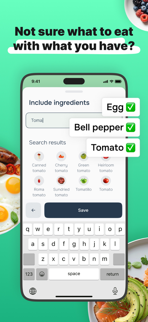 Eatr: Tasty Cooking Recipes - Interface do aplicativo Eatr para pesquisar receitas usando ingredientes como ovos e tomates