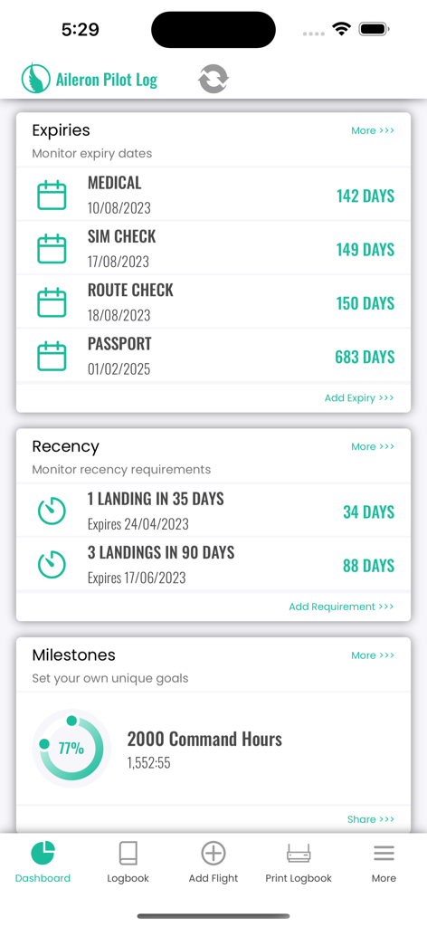 Panel de la aplicación Aileron Pilot Log que muestra las fechas de vencimiento de la certificación del piloto y los hitos de horas de vuelo.
