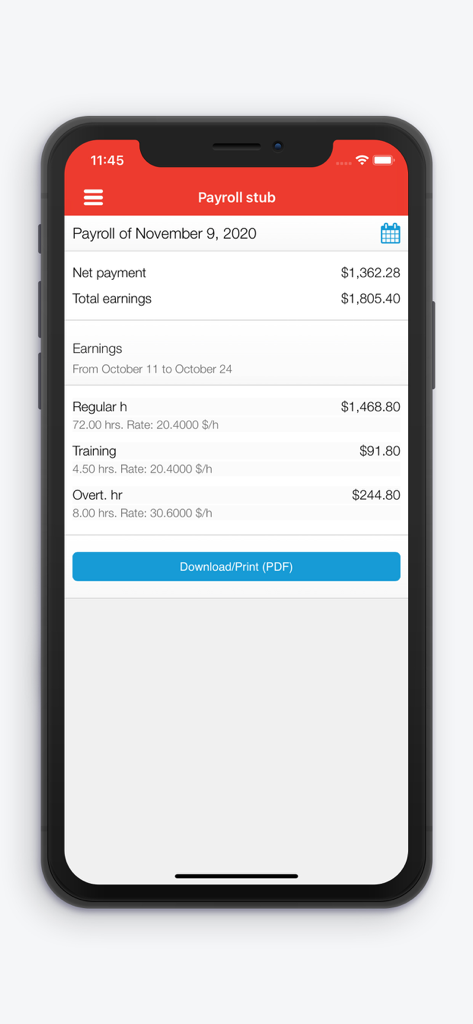 Captura de pantalla de la aplicación Payroll by Nethris mostrando un recibo de sueldo detallado con ganancias y horas trabajadas.