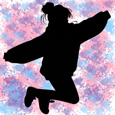 realistic girl jumping with a bun and oversized sweatshirt