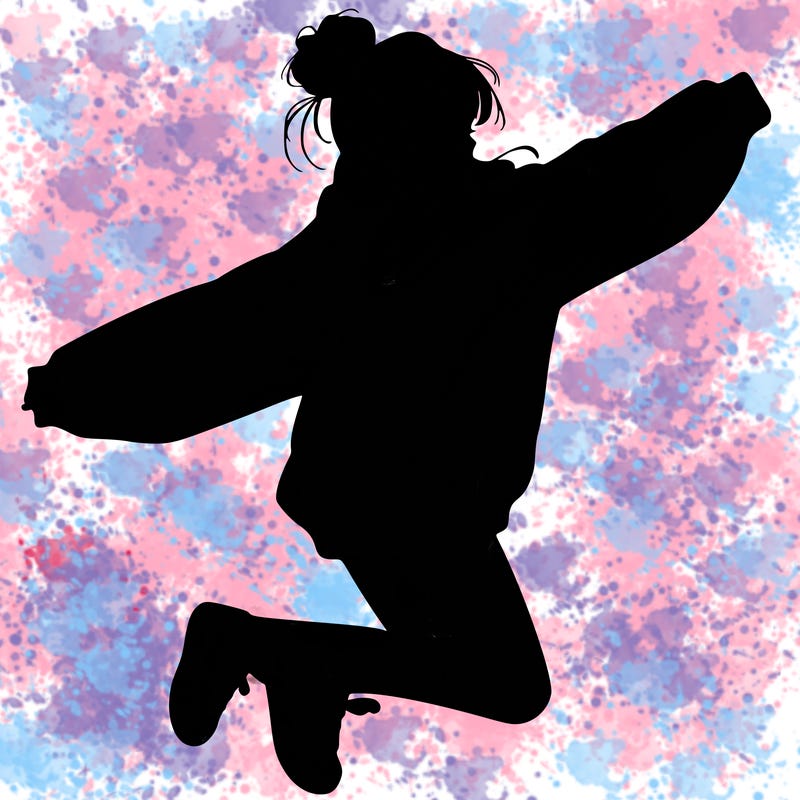 realistic girl jumping with a bun and oversized sweatshirt