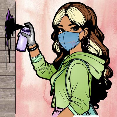 realistic girl with mask spray painting a wall