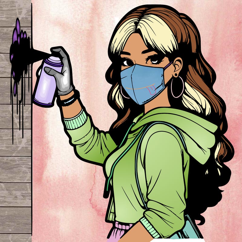realistic girl with mask spray painting a wall