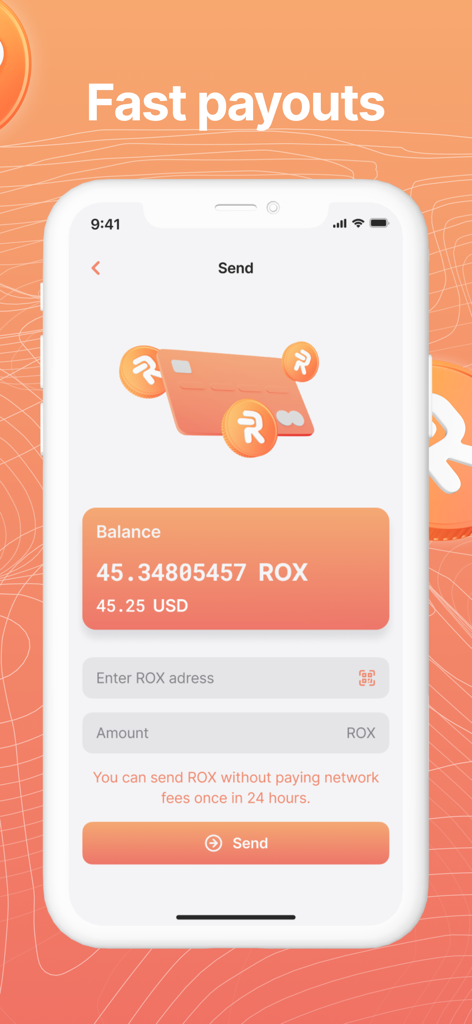 Interfaz de la aplicación Robox Network mostrando la pantalla de envío de tokens ROX con un saldo y opciones de retiro.