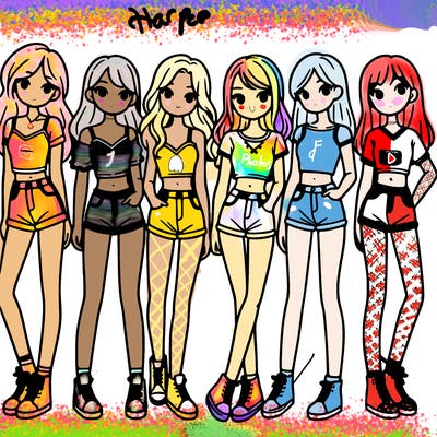 a group of girls wearing crop tops and shorts
