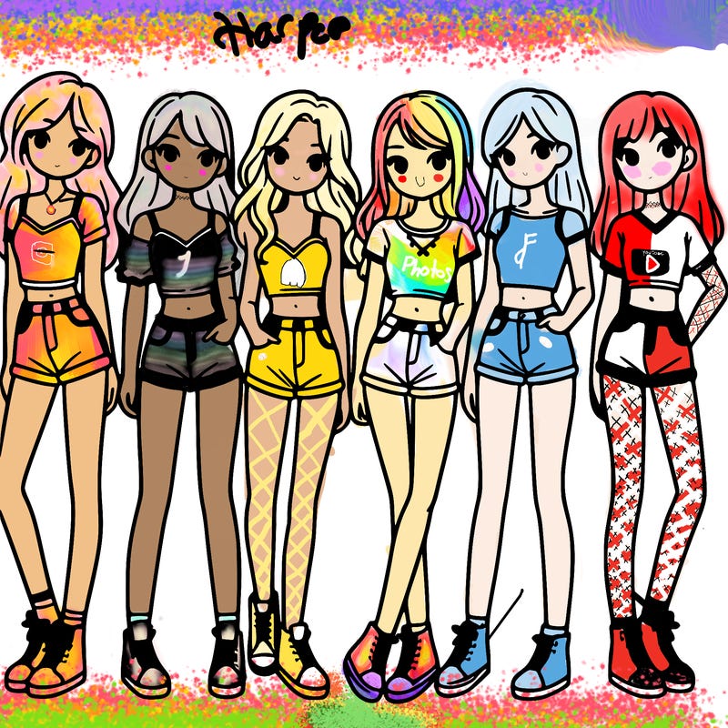 a group of girls wearing crop tops and shorts