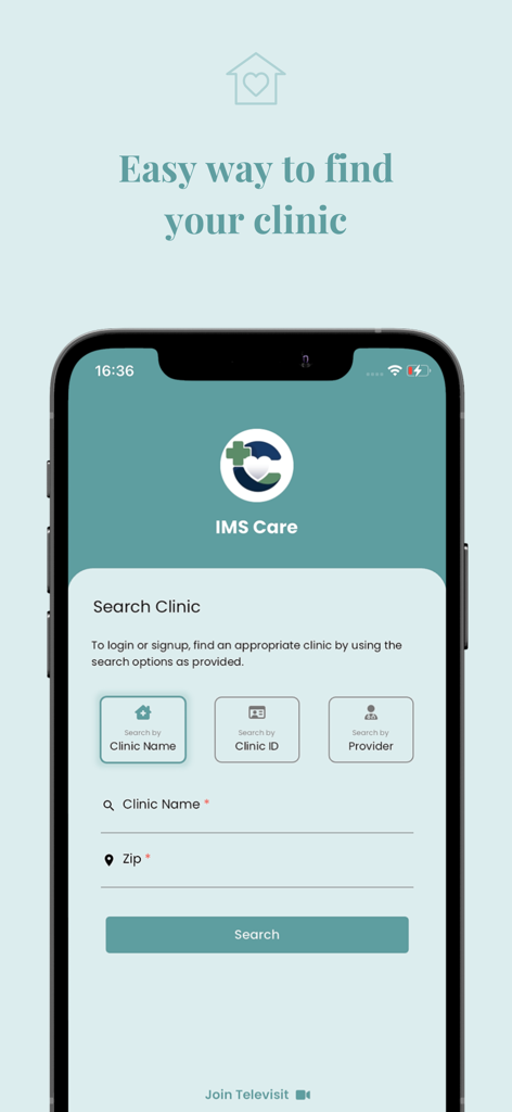 IMS Care - IMS Care app screen showing search options for finding a healthcare clinic by name zip code or provider